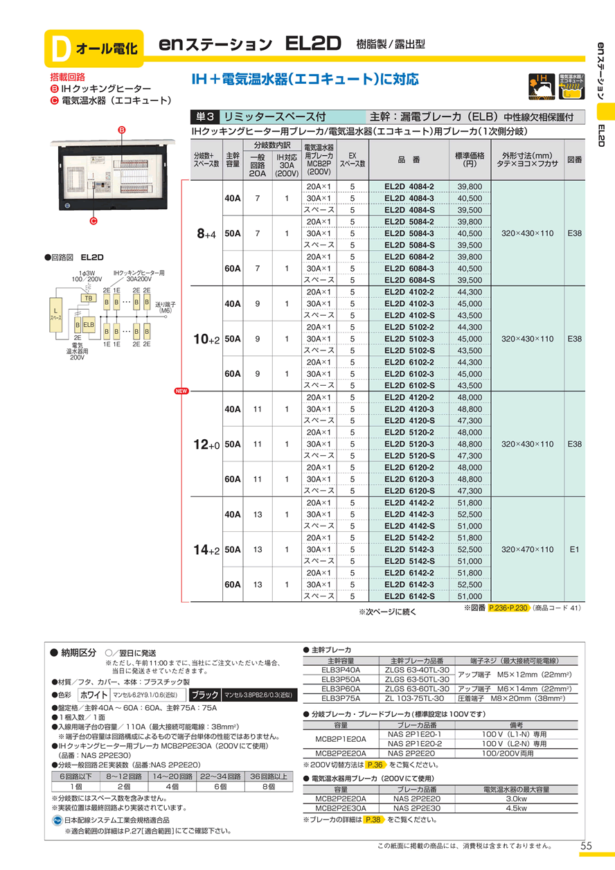 河村電器産業 EN2D5160-2 enステーション（オール電化）　電気温水器20A 分岐数（IH用ブレーカ含む）+スペース 16+0 ELB3P50A